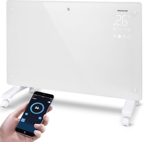 Aigostar Helen Smart White - Radiador Electrico Bajo Consumo Silencioso, Convector Eléctrico Panel de Vidrio Ultra Fino. Conexión Wi-Fi, Temporizador de 24 h, 3 modos, Pantalla LED Táctil.