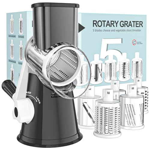 Cambom 5 in 1 Rotary Cheese Grater Hand Crank Cheese Shredder for Fresh Cheese, Vegetable, Nuts,Non-slip Suction Base, Black