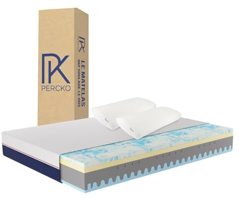 PERCKO, Pack 1 Matelas Mousse 140 x 200 cm + 2 Oreillers, Soulage Le Mal de Dos, 100% Mousses certifiées Oeko-TEX Standard 100 et CertiPur, Mousse à mémoire de Forme, Équilibré, 5 Couches