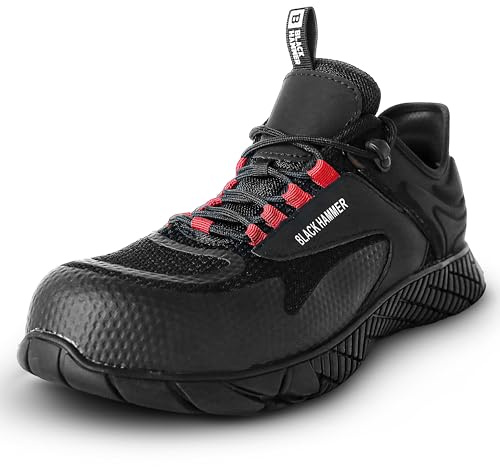 Black Hammer Slip On Safety Trainers for Men Steel Toe Cap Lightweight Work Shoes with Midsole Protection S1P SRC Warehouse Construction 5619 (12 UK) Black