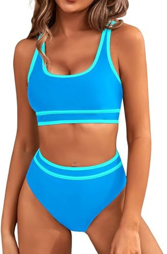 GRMLRPT Costume Piscina Stile Sportivo Bikini Due Pezzi Donna Con Scollo a U Regolabile Top Triangolo Vita Bassa (Blu-2, XL)