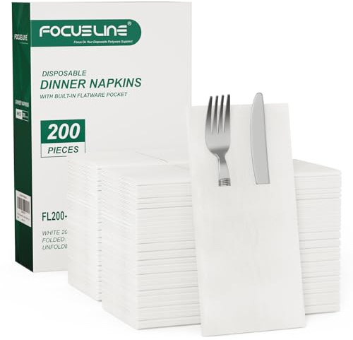 FOCUSLINE 200 Count Disposable Cloth-Like Napkins, White, Paper, Multi-Ply, Built-In Flatware Pocket, Linen Feel, Perfect for Weddings, Parties, or Events