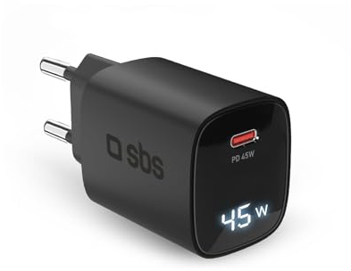 SBS Fuente de Alimentación LCD 45W USB-C, Tecnología GAN, Power Delivery (PD 3.0 PPS), Carga Rápida, Pantalla LCD, Cargador para iPhone, AirPods, MacBook, Portátil, Android, Tablet, Smartphone, Negro