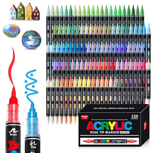 Vakki 120 Acrylic Pens for Stones, Waterproof, Double Tip Acrylic Markers, Acrylic Marker Set, Perfect for Painting Stones, Glass, Wood, Ceramic, Metal & Canvas