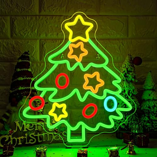 ineonlife Árbol de Navidad Estrella Neon Led,Navidad Luces Neon,Christmas Tree Letrero Led para Pared,Letrero Luminoso Regulable para Hogar,Sala de Estar,Año Nuevo,Fiestas Navideñas,Vacaciones,Regalo