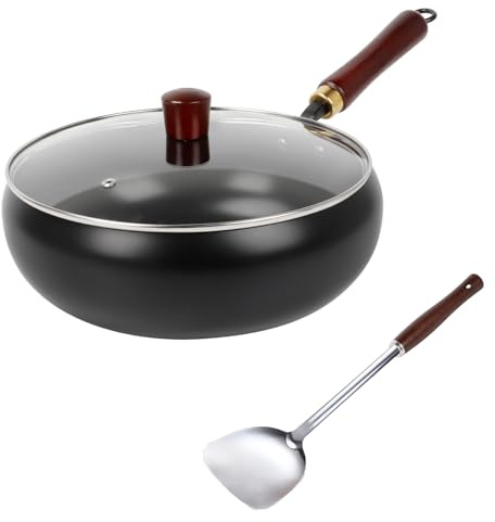 Yallmie 28cm Sarten de Hierro Fundido Sin Revestimiento, Sartén Antiadherente con Tapa de Cristal y Mango de Madera, Sartenes de Hierro Forjada a Mano para Cocinas de Gas, Inducción