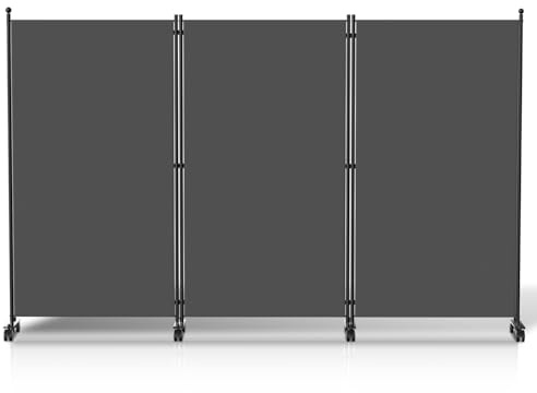 Monucep Paravent rumsavdelare vikbar i 3 delar, hopfällbar fristående skiljevägg på hjul, omklädningsskydd, vägg, rumsavdelare för trädgård kontor terrass, 263 x 181 x 30 cm, mörkgrå
