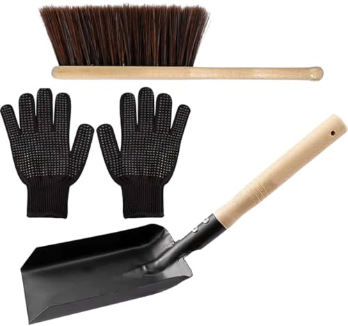 SHINEOFI Set Strumenti per Caminetto Pala per Cenere in Acciaio al Carbonio Spazzola in Legno Naturale e Guanti in Silicone Resistenti al Calore Kit Compatto per Pulizia Sicura di Forni