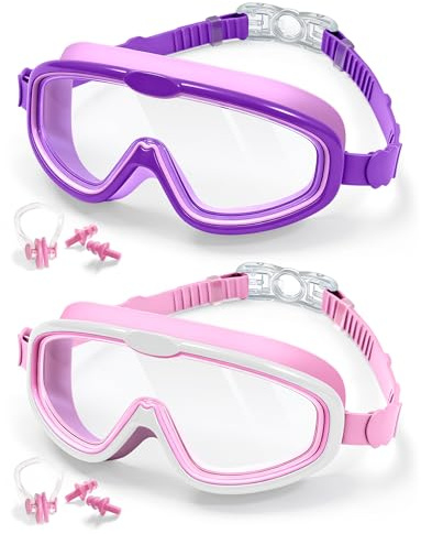 FUSHI&MON Swim Goggles for Kids Age 5-16, 2 Pack Kids Goggles Childrens Swimming No Leaking Anti-fog Full Protection Child Boys Girls Toddlers (Pink+Purple)