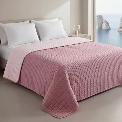 Clara Home Milano Copriletto Trapuntato Capri in Microfibra Manopesca, Double Face, Trapuntino Primavera Estate, Qualità Premium, Made in Italy, Coperta Letto Matrimoniale, Colore Cipria