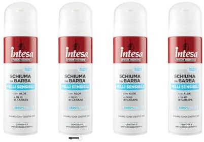 Intesa Pour Homme - 4 schiuma da barba per pelli sensibili, con aloe e olio di canapa, 0% alcol, 300 ml, + portachiavi Italy Shop Service gratuito