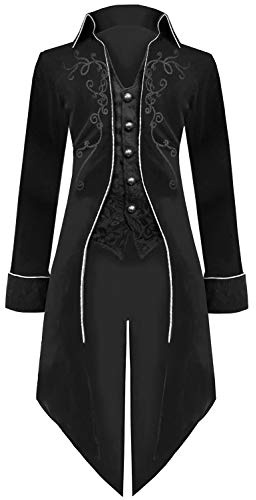 Medieval Steampunk Tailcoat Halloween Costumes for Men, Renaissance Pirate Vampire Gothic Jackets Vintage Warlock Frock Coat, Black, L