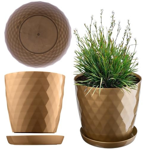 KADAX Blumentopf mit Untersetzer aus Kunststoff Ø20cm, Gold, Pflanzkübel für Innen- & Außenbereich, auch ideal für Badezimmer oder Toilette lebendige Farben bringen frische Akzente in Ihr Zuhause