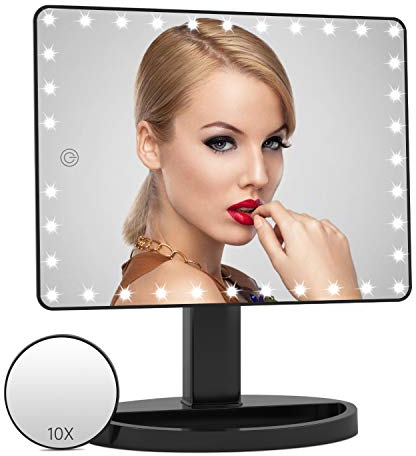 FASCINATE Groß Wiederaufladbar Schminkspiegel mit Beleuchtung, 1fach/10fach Vergrößerungsspiegel, Dimmbarer Tischspiegel mit Licht, 360° Drehbar Kosmetikspiegel mit Beleuchtung (Schwarz)