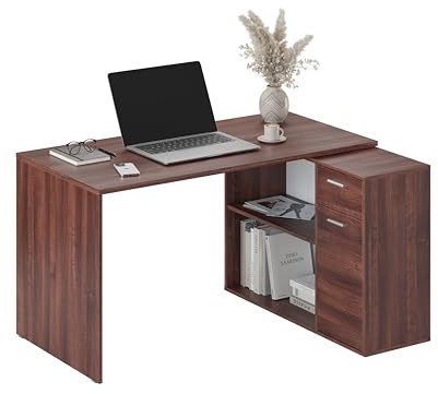 RICOO Eckschreibtisch mit Stauraum Braun Opera Walnuss WM083-OW L Form Schreibtisch mit Schubladen 136x101x75 cm Computertisch Bürotisch PC Tisch Ecke Winkelschreibtisch Schreibtische Holz