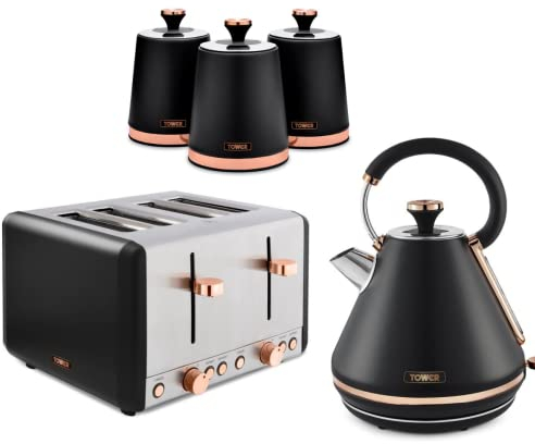 TOWER Cavaletto Black & Rose Gold 3KW 1.7L Pyramid Kettle, 4-Slice 1800W Toaster & Set of 3 Tea, Coffee, Sugar Canisters. Matching Kitchen Set in Black & Rose Gold