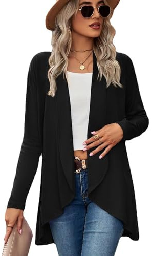 Famulily Cardigans for Women, Casual Knitted Open Front Full Sleeve Mid Length Lightweight Cardigan Top (XL, Black)