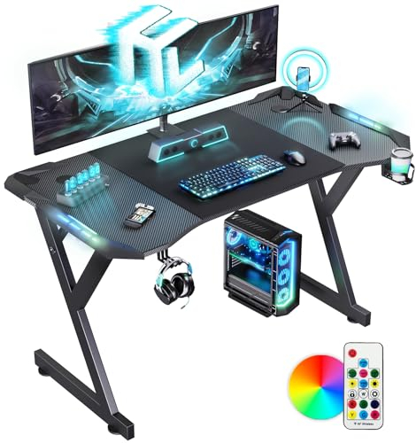 DLONGONE 120 x 60cm Gaming Desk with LED Lights, Computer Gaming Table, Sturdy PC Desk for Home Office, Gamer Table with Headphone Hook and Cup Holder, Black