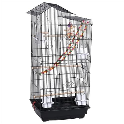 Abician Cage à Oiseaux en Métal pour Oiseaux Cage à Perruche de Multiples Jouets Perchoirs Plateau Coulissant 2 Grandes Portes 4 Mangeoires Noir