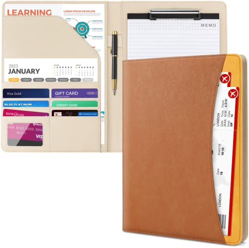 UMRIOX A4 Konferenzmappe mit A4 Notizblock, PU Schreibmappe mit Deckel, Klemmbrettmappe mit A4/ A5 Dokumentenfächern und Stiftehalter, A4 Klemmbrettmappe für das Büro, Konferenzen(Braun)