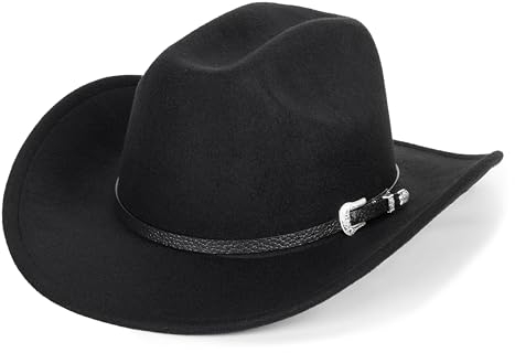 Eohak Shapeable Western Cowboyhut für Herren Damen Filz Fedoras Cap Outback Cowgirl Jazz Hüte mit Gürtelschnalle M/L, Schwarz-Quadratisch, M