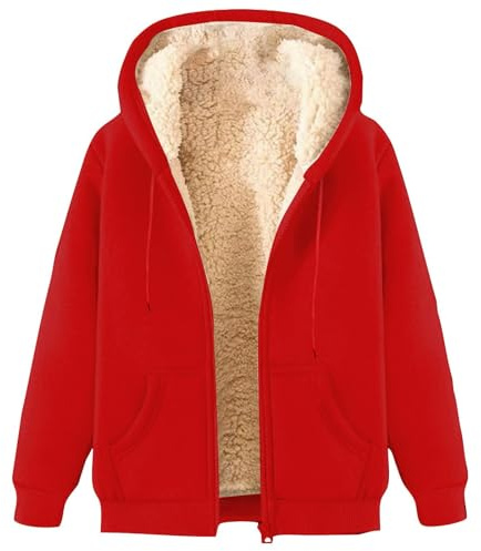ZWDC Damen Winterjacke Warm Fleecejacke Winter Sweatjacke mit Kapuze Elegant Einfarbig Übergangsjacke Große Größen Kapuzenpullover mit Taschen Lässige Wintermantel mit ReißVerschluss Plüschjacke