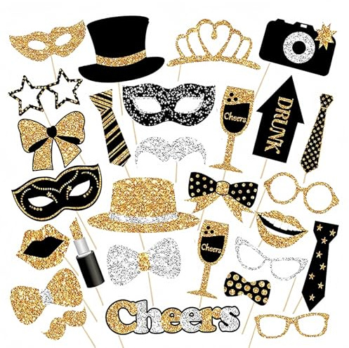 Photo Booth Props, 30 Pcs Black and Gold Party Decorations with Top Hat, Tie & Glasses, Hen Party Accessories for Wedding Birthday Graduation Halloween Christmas Disco Themed Events