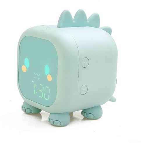 Besttoolifes Réveil numérique pour enfants, motif dinosaure avec veilleuse et entraînement au sommeil, toucher en silicone doux, plusieurs sonneries, horloge de chevet pour filles/garçons (vert)