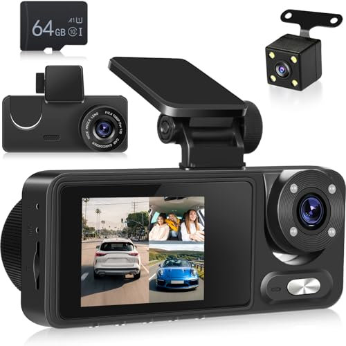 NHOPEEW 3 Kanal Dash Cam vorne und hinten - 1080P Dual Dashcam mit 4 IR LEDS - 2 Zoll IPS Bildschirm mit G-Sensor Schleifenaufzeichnung Weitwinkel Nachtsicht + 64GB SD Karte