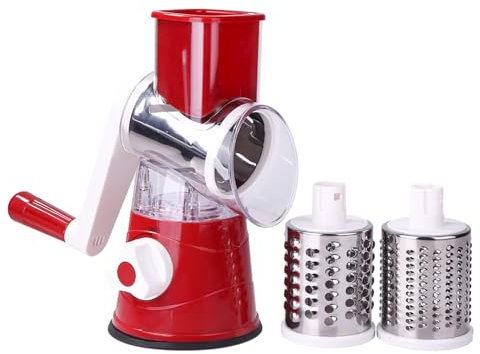 AEX Rotary Cheese Grater for Kitchen - 3 Interchangeable Drum Manual Vegetable Shredder | Stainless Steel Blades - Handheld Cheese Grater, Carrot & Nuts - Dishwasher Safe | Non-slip Suction Base - Red