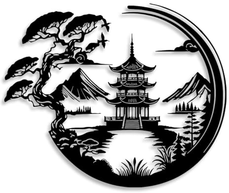 LIYOUYA Bonsai Tree Torii Gate Metal Wall Decor - Japanese Style Room Decor Black Wall Art Home Decor for Living Room, Bedroom, Dining Room (Black)
