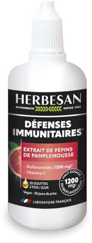 HERBESAN® - EXTRAIT DE PÉPINS DE PAMPLEMOUSSE - Titré en flavonoïdes à 1200 mg - Défenses immunitaires - Flacon compte-goutte de 100 ml