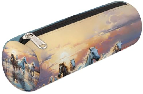 Mexpekil Trousse à crayons ronde ronde pour enfants garçons filles motif cheval coureur coucher de soleil