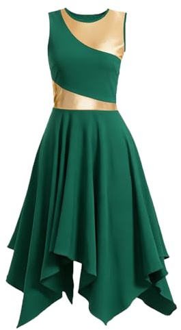 ORIDOOR Women's Praise Dance Dress with Sleeveless Metal Blocks an Irregular Hem Lyrical Worship Dance Costume 06-Dark Green Small