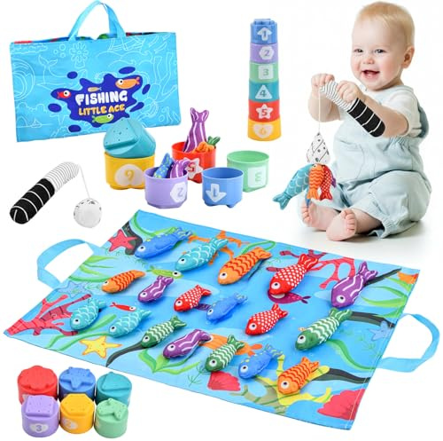 Ecofocet Juguetes Montessori para Niños 1 2 3 Años, Juego Pesca con Peces Tela, Pescar Peces Juguete, Regalos de Bebé, Educativos Juguetes Bebes, Juguete Sensorial para Coordinación y Motricidad