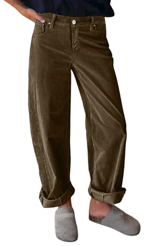 Pantalon en velours côtelé à jambe droite pour femme - Jean décontracté à jambe large - Poche boutonnée - Pantalon doux et décontracté - Élégant au quotidien - Tenue de cowgirl pour femme avec poches