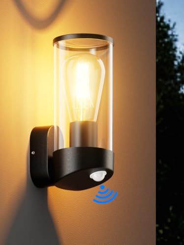 brightower Außenwandleuchte Außenlampe mit Bewegungsmelder,Aluminium Wandleuchte Außen mit Acryl klar,Assenlampe für Garten Terrasse Veranda und Garage,Exklusiv 1xE27,Ohne Leuchtmittel,Schwarz