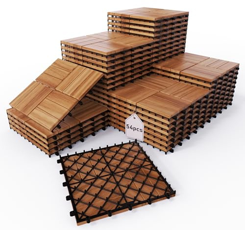XINONE Solid Gold Acacia Wood Interlocking Deck Tiles - Waterproof Snap Together Patio Flooring for All Weather Use on Balcony, Backyard & Poolside (Easy DIY Install, Indoor/Outdoor)​ (54)