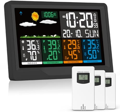 Stazione Meteo con 3 Sensore Esterno, Stazione Meteorologica Display a Colori con Temperatura, Umidità, Tempo Data, Sveglia, Previsioni del Tempo, Retroilluminazione Regolabile, Uso Interno ed Esterno