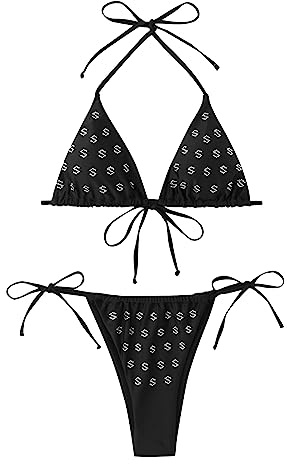 Dam 2-delad Baddräkt Rhinestone Halter Tie Side Bikini Beach Baddräkter Svart L(Black S,XXS)