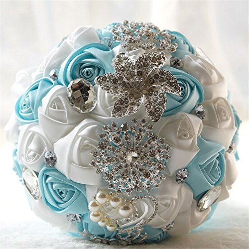 Fouriding Handgemachte Brosche Brautstrauß Braut Satin Rosen Blumen Strass Perlen Blumensträusse Hochzeit Strauß Künstliche Blumenstrauß künstlicher Rosenstrauß Dekoration (Creystal Blue+White)