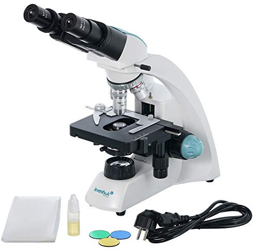 Levenhuk 500B Microscopio Binocular con Rango de Ampliación de 40x–1000x, Luz Halógena, Lente Colectora, Oculares de Campo Amplio y Platina Mecánica de Doble Capa