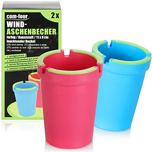 COM-FOUR® 2x ceniceros para exteriores - vasos de malla con tapa luminosa - ceniceros de coche, Ø 8 cm (2 piezas - azul rosa)