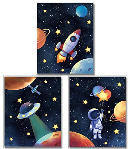 MWOOT Space Astronaut Canvas Poster for Boys Bedroom Wall Decor, 3Pcs Kids Children Playroom Wall Art Print (30X40CM), Solar System Rocket Wall Poster Large - Room Decoration Accessories (B Series)