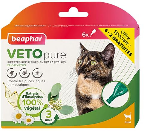 BEAPHAR – VETOPURE – Pipettes répulsives antiparasitaires pour Chat – Aux extraits d'Eucalyptus – Contre Les puces, tiques et moustiques – Protection 3 Mois – 6 pipettes
