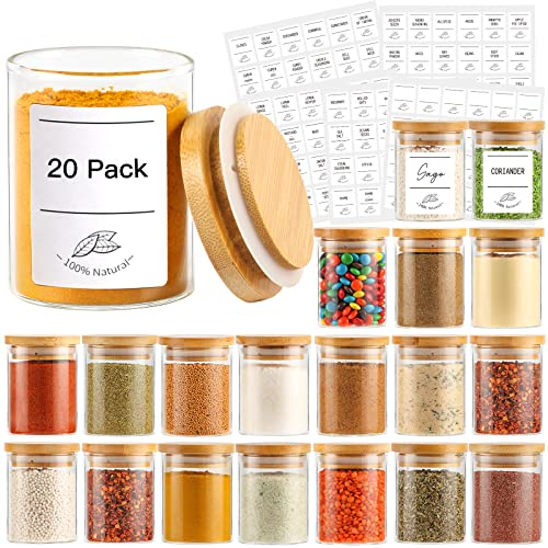 Lot de 20 pots à épices en verre borosilicate transparent avec couvercles hermétiques en bois pour cuisine, épices, sucre, sel, café, thé - 118 ml