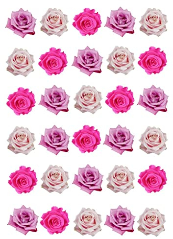 30 Pink Roses Mixed Colours Single Rose 2D Edible Rice Wafer Paper Cupcake Toppers Cake Decorations Flowers