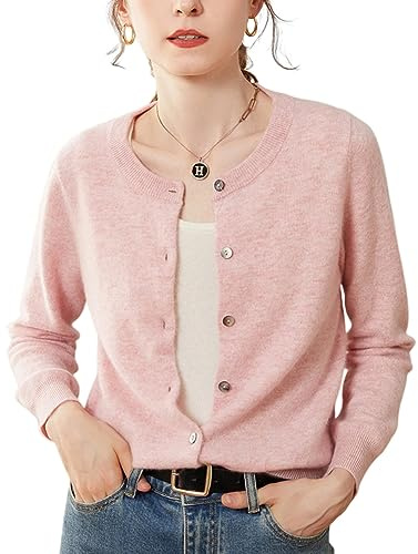 DISSA Gilet Cachemire Femme Col Rond Rose Solide Couleur Tricoté en Vrac Manches Longues Fin Cardigan en Cachemire et Laine,42,SPR1201