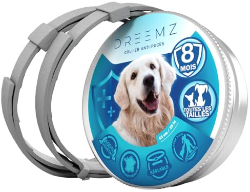 DREEMZ® Collier Anti Puces pour Chien - Collier Anti Puce Chien - Anti Tiques Haute Qualité - 8 Mois de Protection - 63cm Réglable Toutes Tailles - 100% Naturel - Imperméable déperlant (2 unités)