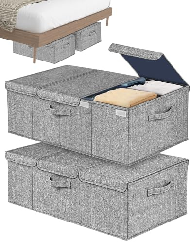 Hoyula Deep Under Bed Storage Container, 10 Tall Height Underbed Box Bin with Lids 31 Long Large Basket for Under Bed, Bedroom, Dorms, Clothes, Bed sheets, Blankets, 2 Pack, Grey